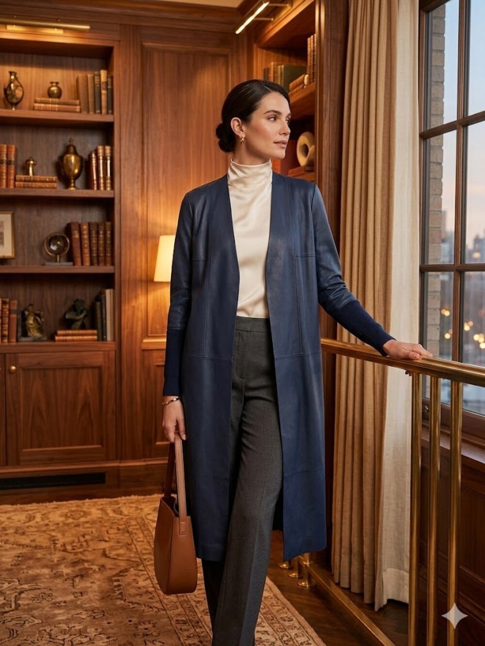 Akris Navy Leather Open-Front Long duster/cardigan Size L